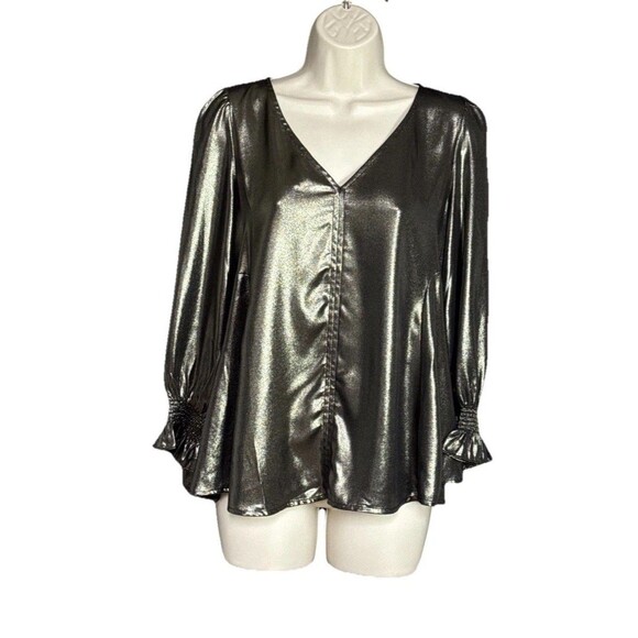 Tuckernuck Size S Gold Metallic Long Sleeve V-neck Top Blouse - Picture 1 of 11